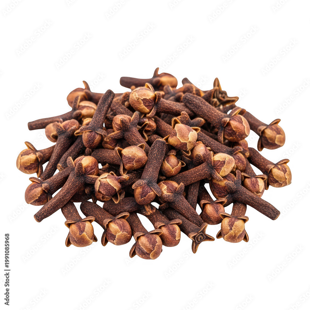 Fototapeta premium Pile of dried cloves with a rich brown color and distinct shape