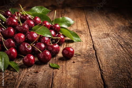 Organic cherries with fresh leaves on rustic wooden background with copy space for healthy eating concept