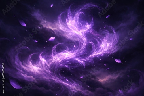Mystical violet smoke swirling with petal shapes against dark atmospheric sky