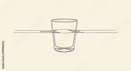 One Line Art Drawing of a Half Full Drinking Glass of Water Isolated on Minimal Beige Background