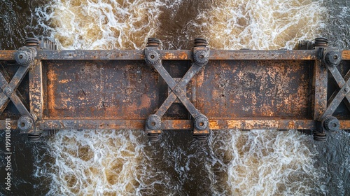Bridge girder connections weathered steel truss structure vintage American infrastructure cross-bracing elements aerial view over rushing water below