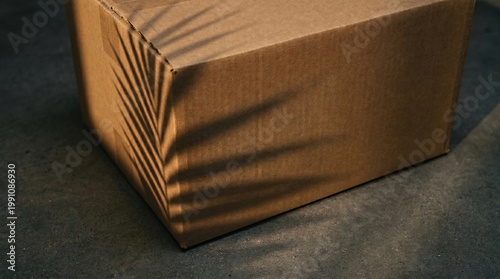 A closed brown cardboard box on a grey concrete floor, featuring an aesthetic palm leaf shadow. Minimalist, sun-drenched composition perfect for sustainable packaging branding.