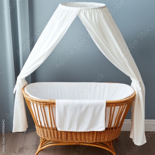 Warm rattan baby bassinet with clean white liner and flowing canopy. Serene nursery setup against blue wall, natural wood floor. Ideal for newborn comfort., Baby Crib, Nursery Decor