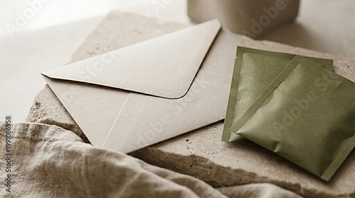 An organic and minimalist composition featuring a kraft paper envelope and two olive green sachets on a natural stone base. The scene includes soft linen fabric, evoking an aesthetic of wellness