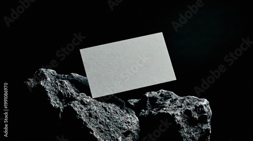White Business Card Mockup on Black Volcanic Rock