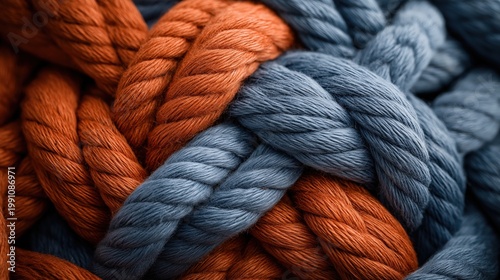 Close-up of interlaced orange and blue ropes forming symmetrical pattern texture background.
