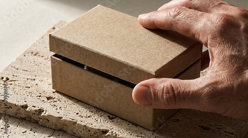 Hand Opening Minimalist Kraft Cardboard Box on Travertine Stone