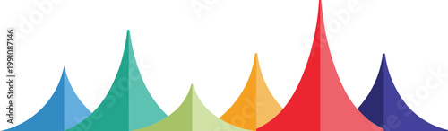 colorful rainbow peaked arch spike shapes in a row resembling mountain range or audio frequency spectrum on white background