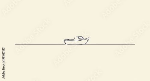 Continuous line art of a motorboat on water, minimalist nautical concept for marine travel design.