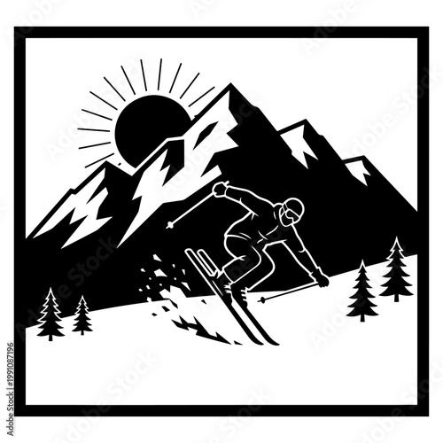 Dynamic Downhill Skier Mountain Action Silhouette, Vintage Winter Sports Emblem Vector Illustration