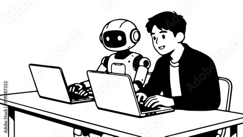 Human and robot work together on laptops, symbolizing the future of collaboration between people and artificial intelligence, representing innovation, learning, and progress in a digital era