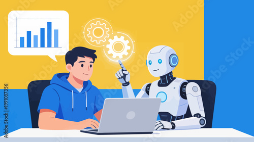 AI Assistant Collaboration Man and Robot Working Together on a Data Analysis Project