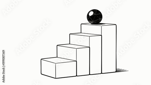 Conceptual digital artwork depicting a spherical object atop a rising staircase, representing the journey towards success, overcoming challenges, and achieving milestones