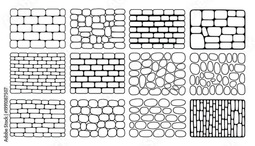 Brick Wall Doodle Vector Set, Hand Drawn Cobblestone Textures with Hatching, Vintage Wallpaper Patterns for Game Backgrounds, Rustic Construction and Landscaping Surfaces
