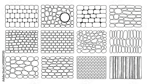 Brick Wall Doodle Vector Set, Hand Drawn Cobblestone Textures with Hatching, Vintage Wallpaper Patterns for Game Backgrounds, Rustic Construction and Landscaping Surfaces