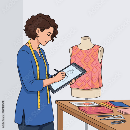 A fashion designer sketches a garment on a digital tablet in a creative workspace, illustrating the fusion of technology and fashion while emphasizing artistic inspiration and creativity.