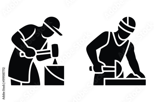 Silhouettes of two craftsmen working with tools, hammer and angle grinder