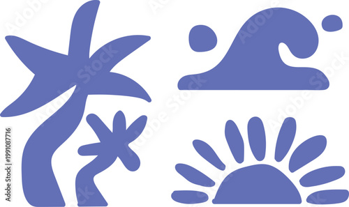 Abstract blue composition palm trees waves and sun a minimalist artistic representation