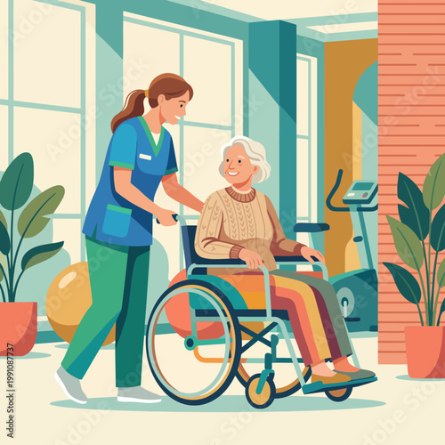 A dedicated nurse helps an elderly woman in a warm care facility, demonstrating compassion and support, creating a sense of trust, community, and comfort in the healthcare environment.