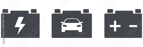 Car Battery Icon Set, Power Energy Symbols for Automotive Dashboard, Electric Vehicle Charge Indicators, Battery Level Signs, Auto Service and Maintenance Vector Icons Collection