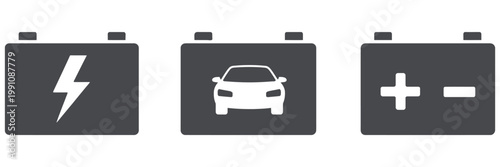 Car Battery Icon Set, Power Energy Symbols for Automotive Dashboard, Electric Vehicle Charge Indicators, Battery Level Signs, Auto Service and Maintenance Vector Icons Collection