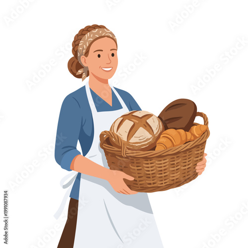 An inviting illustration of a baker cheerfully presenting a basket filled with various freshly baked breads, reflecting the warmth and creativity of culinary arts.