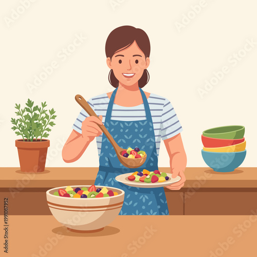 A happy person in an apron prepares a vibrant fruit salad, showcasing a mixture of colorful fruits, emphasizing healthy eating and joyful cooking.