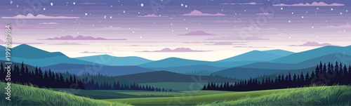 A starry night sky over a meadow isolated