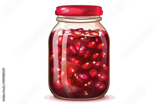 A glass jar filled with vibrant pomegranate jam isolated