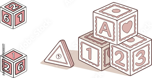 Isometric illustration of children's alphabet and number toy blocks with a triangular sign