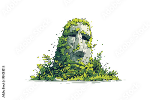 Abandoned Stone Sculpture in Overgrown Garden isolated