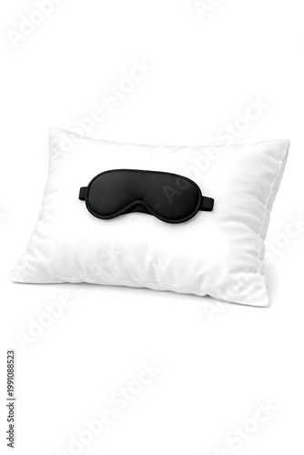 White pillow with sleep mask isolated on white background for rest and comfort concept
