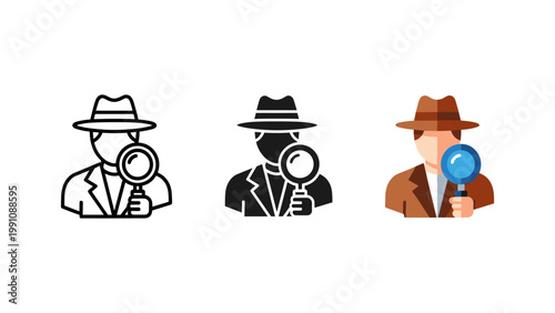 A person wearing a fedora hat holds a magnifying glass in three different icon styles representing investigation and search.