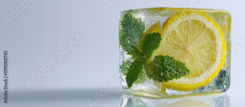 Lemon slice and mint in ice cube for summer refreshment