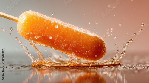 Frozen orange popsicle splashing in water for summer refreshment