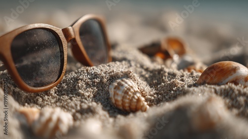 Sunglasses and seashells on sand for summer beach concept
