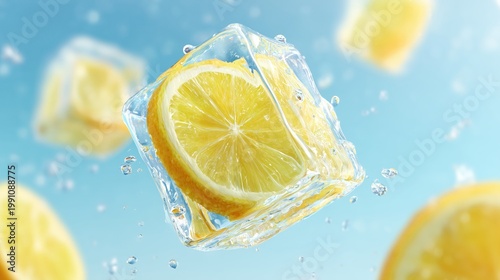 Lemon slice in ice cube underwater for summer refreshment