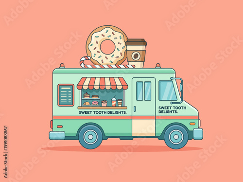 A colorful food truck showcasing sweet treats like donuts and coffee, inviting customers to indulge in delightful snacks and embodying the vibrant essence of street food culture.