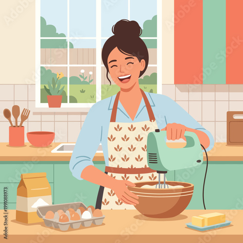 A joyful woman whips up a delicious batter in her colorful kitchen, radiating happiness and enthusiasm while preparing for a delightful baking session.