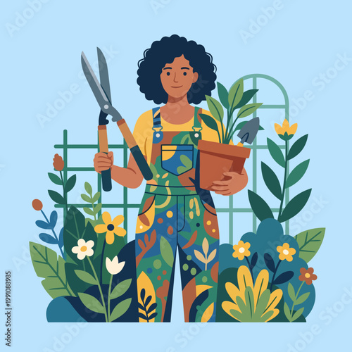 An enthusiastic gardener holds a potted plant while trimming others, surrounded by a vibrant garden full of flowers and greenery, celebrating nature and personal growth in gardening.