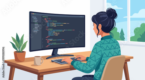 An individual focused on coding tasks at a modern home office, illustrating the essence of tech work and remote productivity in today's digital age.