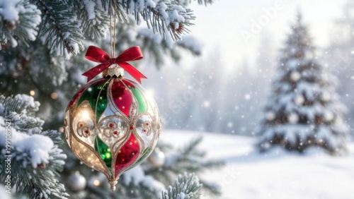 Snow-draped pine branches cradle a festive ornament