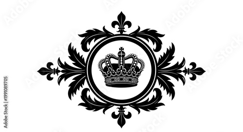 Royal crest with crown and floral design.