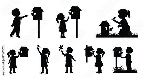 Children interacting with birds and birdhouses in a playful silhouette scene