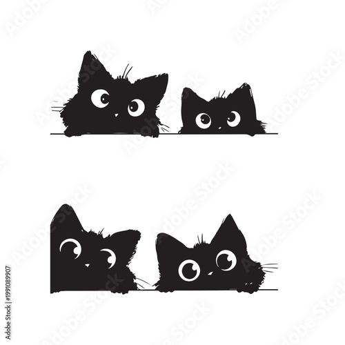 Cute Cat Silhouettes Peeking – Adorable Kitten Vector Illustration