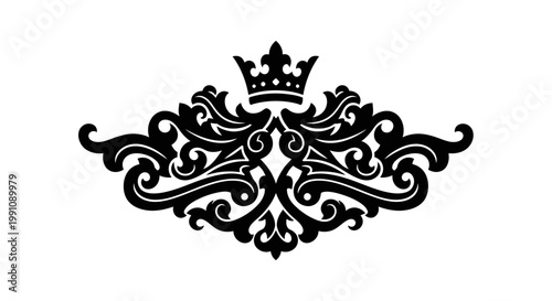 Ornate royal crest with crown and scrollwork design element.