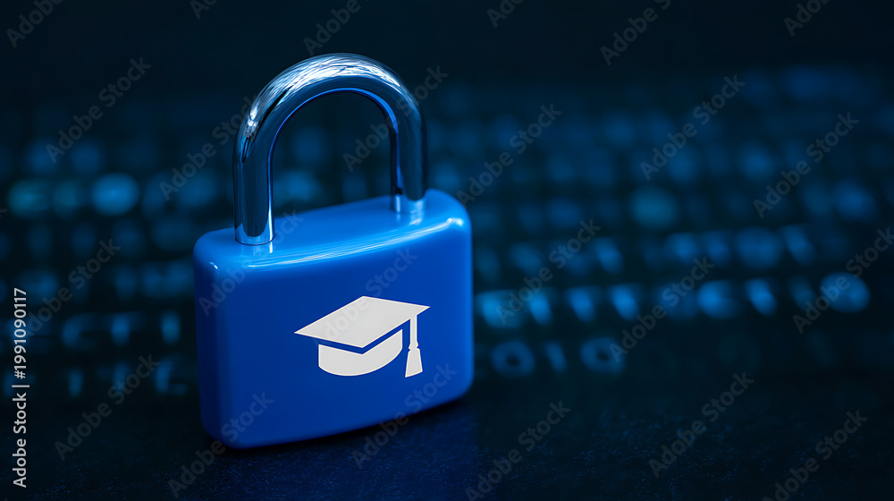 Fototapeta premium Blue padlock with graduation cap emblem over binary code background, symbolizing secure educational data and digital learning protection