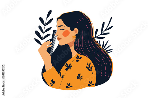 Arabic woman combing hair with comb isolated