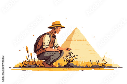 Archaeologist Examining Artifact in Front of Pyramid isolated