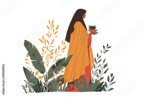 arabic woman working in garden isolated illustration